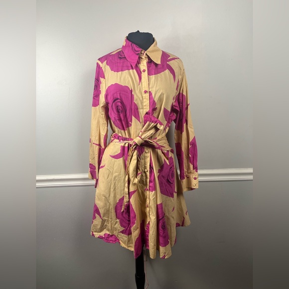 Hutch Long-Sleeve Tie-Waist Shirt Dress pink rosettes SIZE 1X READ - Picture 3 of 9